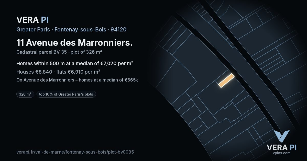 11 Avenue des Marronniers, Fontenay-sous-Bois at night – the plot lit, the parcels around coloured by the prices near them