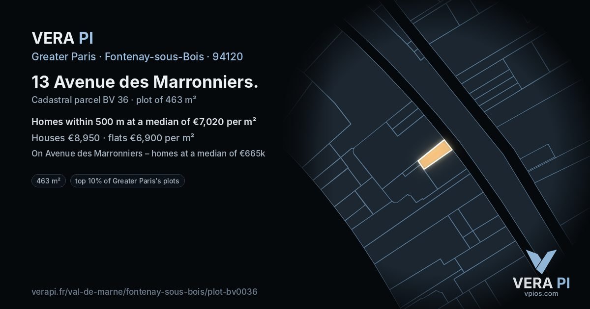 13 Avenue des Marronniers, Fontenay-sous-Bois at night – the plot lit, the parcels around coloured by the prices near them