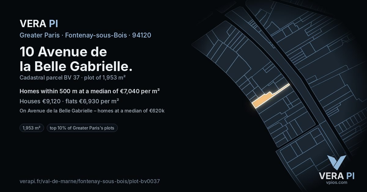 10 Avenue de la Belle Gabrielle, Fontenay-sous-Bois at night – the plot lit, the parcels around coloured by the prices near them