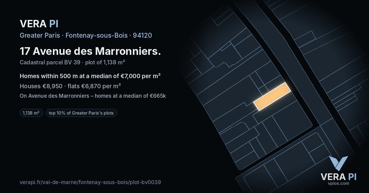 17 Avenue des Marronniers, Fontenay-sous-Bois at night – the plot lit, the parcels around coloured by the prices near them