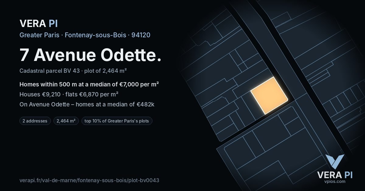 7 Avenue Odette, Fontenay-sous-Bois at night – the plot lit, the parcels around coloured by the prices near them