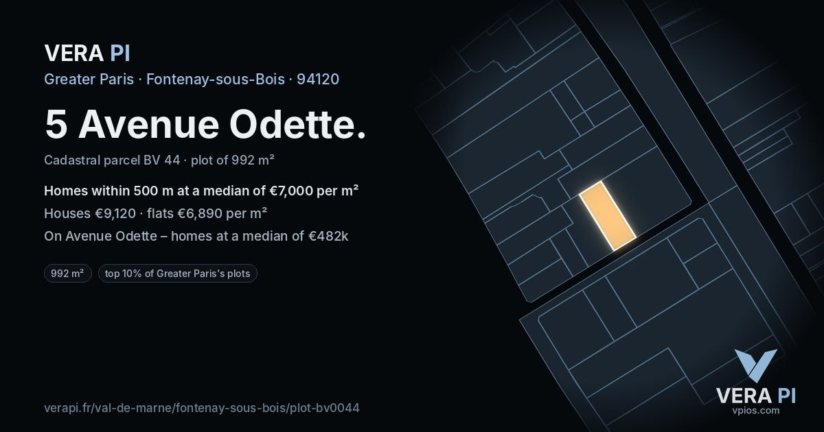 5 Avenue Odette, Fontenay-sous-Bois at night – the plot lit, the parcels around coloured by the prices near them