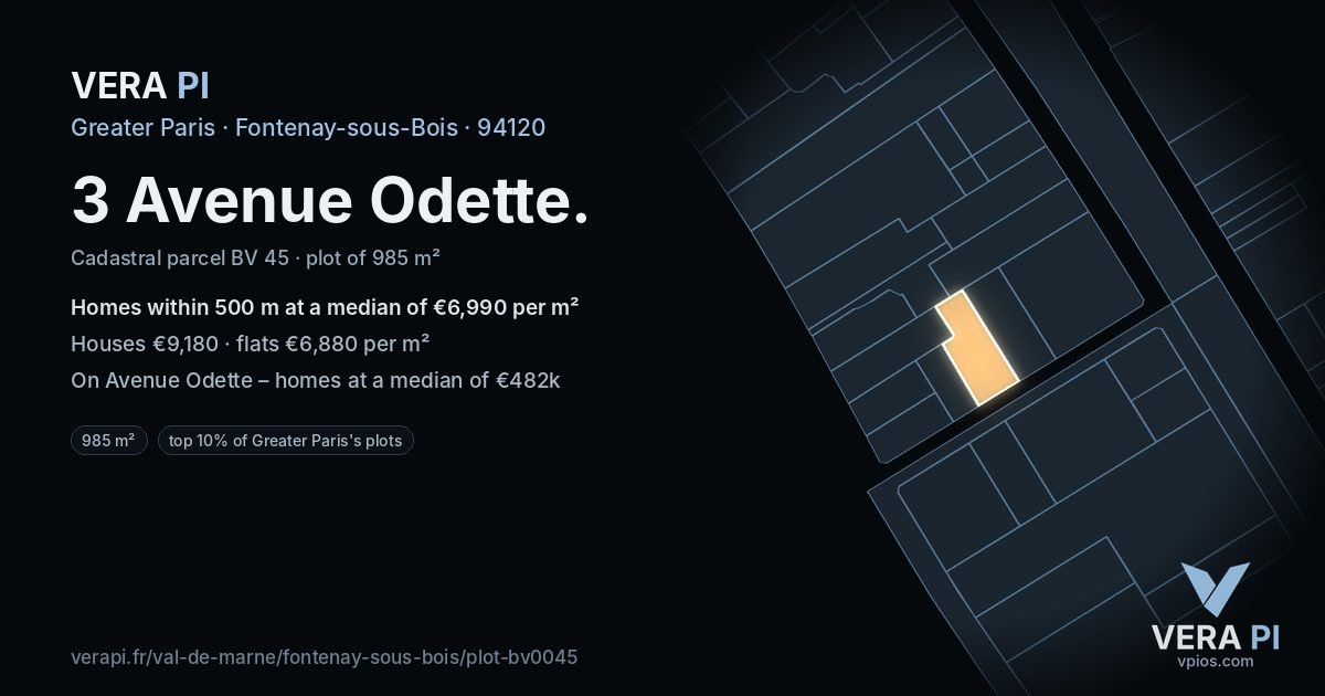 3 Avenue Odette, Fontenay-sous-Bois at night – the plot lit, the parcels around coloured by the prices near them