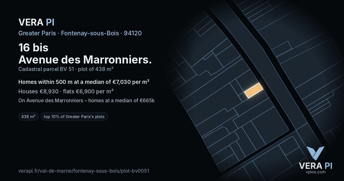 16 bis Avenue des Marronniers, Fontenay-sous-Bois at night – the plot lit, the parcels around coloured by the prices near them
