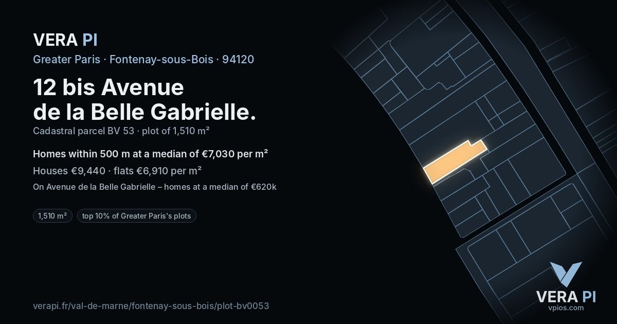 12 bis Avenue de la Belle Gabrielle, Fontenay-sous-Bois at night – the plot lit, the parcels around coloured by the prices near them