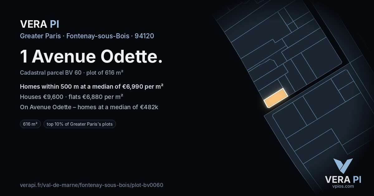 1 Avenue Odette, Fontenay-sous-Bois at night – the plot lit, the parcels around coloured by the prices near them