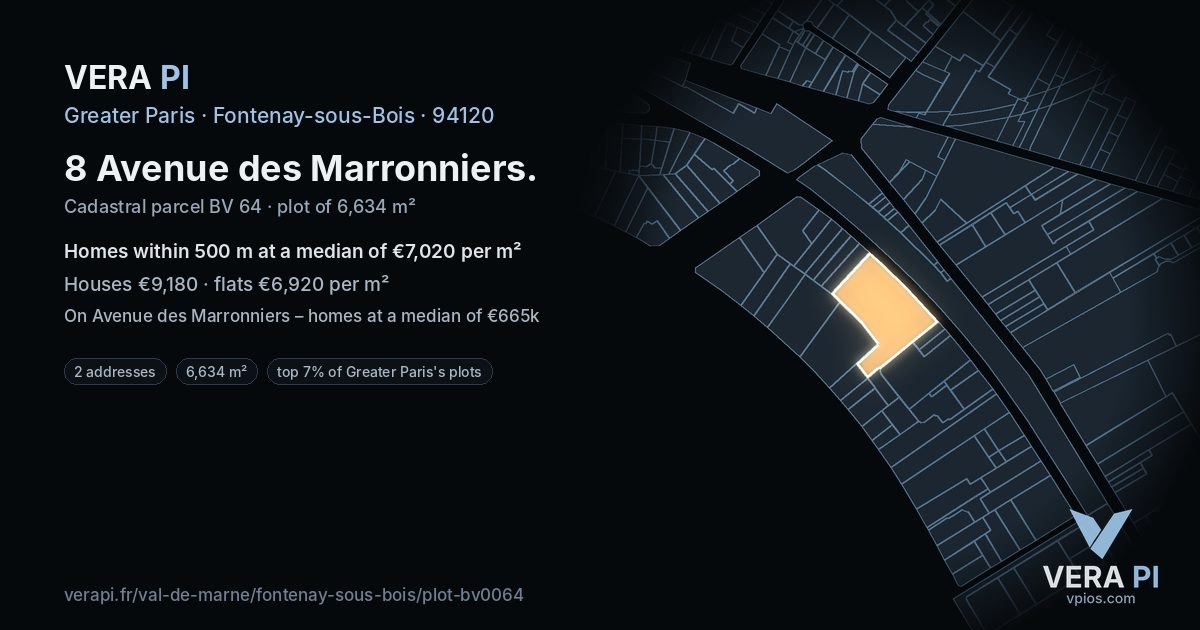 8 Avenue des Marronniers, Fontenay-sous-Bois at night – the plot lit, the parcels around coloured by the prices near them