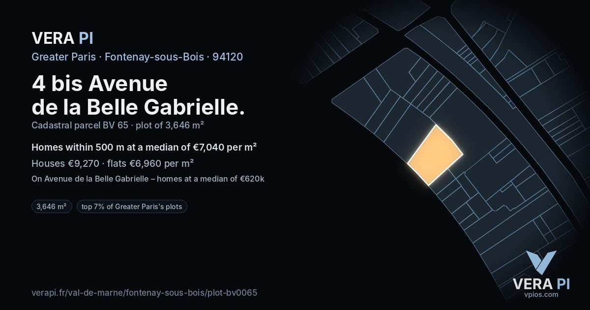 4 bis Avenue de la Belle Gabrielle, Fontenay-sous-Bois at night – the plot lit, the parcels around coloured by the prices near them