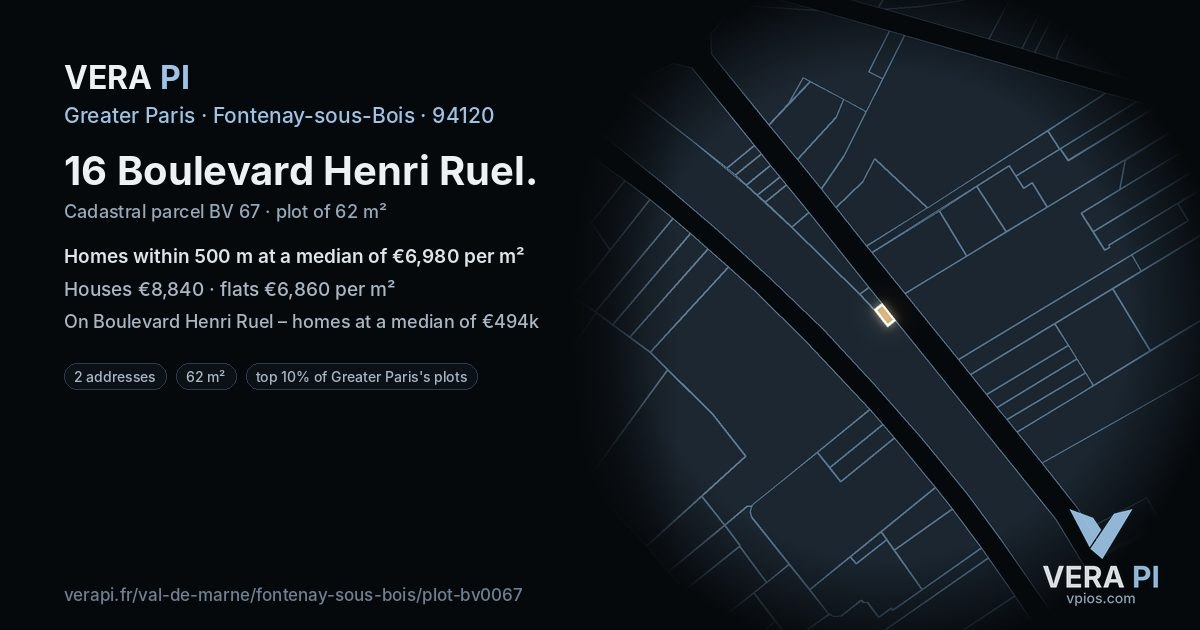 16 Boulevard Henri Ruel, Fontenay-sous-Bois at night – the plot lit, the parcels around coloured by the prices near them
