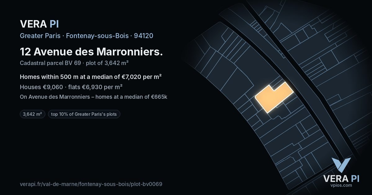 12 Avenue des Marronniers, Fontenay-sous-Bois at night – the plot lit, the parcels around coloured by the prices near them