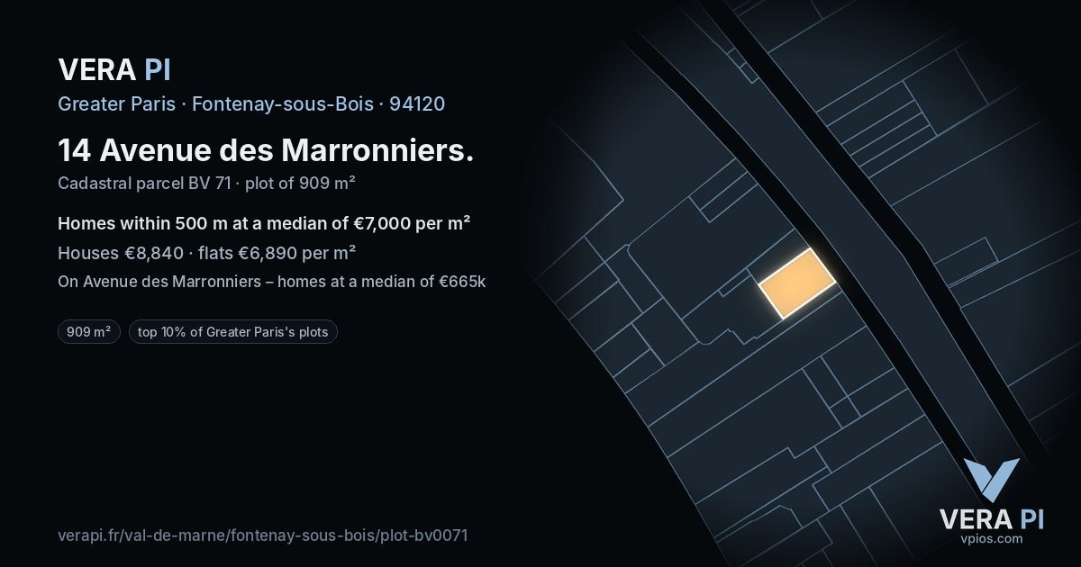 14 Avenue des Marronniers, Fontenay-sous-Bois at night – the plot lit, the parcels around coloured by the prices near them