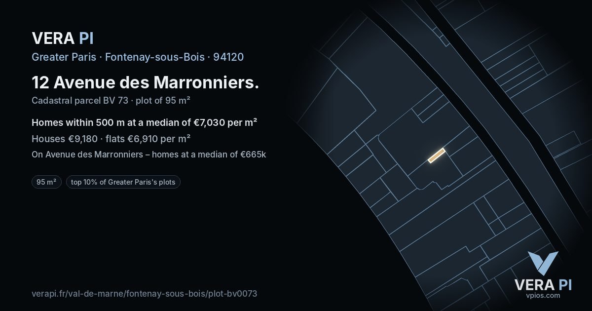 12 Avenue des Marronniers, Fontenay-sous-Bois at night – the plot lit, the parcels around coloured by the prices near them