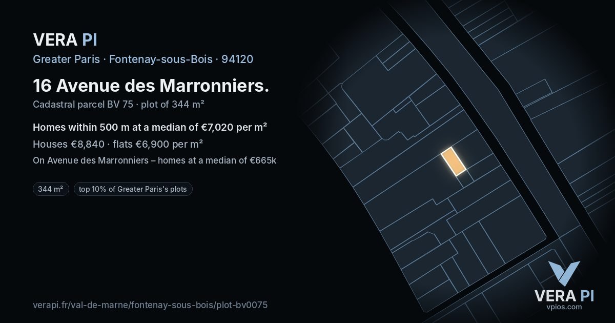 16 Avenue des Marronniers, Fontenay-sous-Bois at night – the plot lit, the parcels around coloured by the prices near them