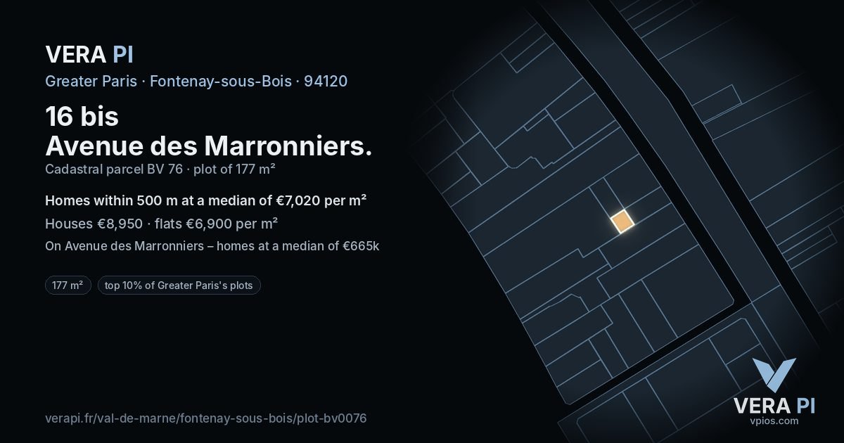 16 bis Avenue des Marronniers, Fontenay-sous-Bois at night – the plot lit, the parcels around coloured by the prices near them