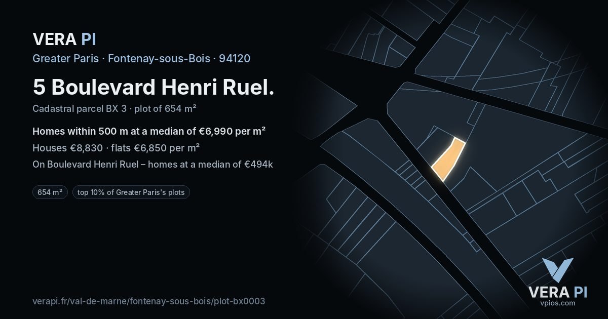 5 Boulevard Henri Ruel, Fontenay-sous-Bois at night – the plot lit, the parcels around coloured by the prices near them
