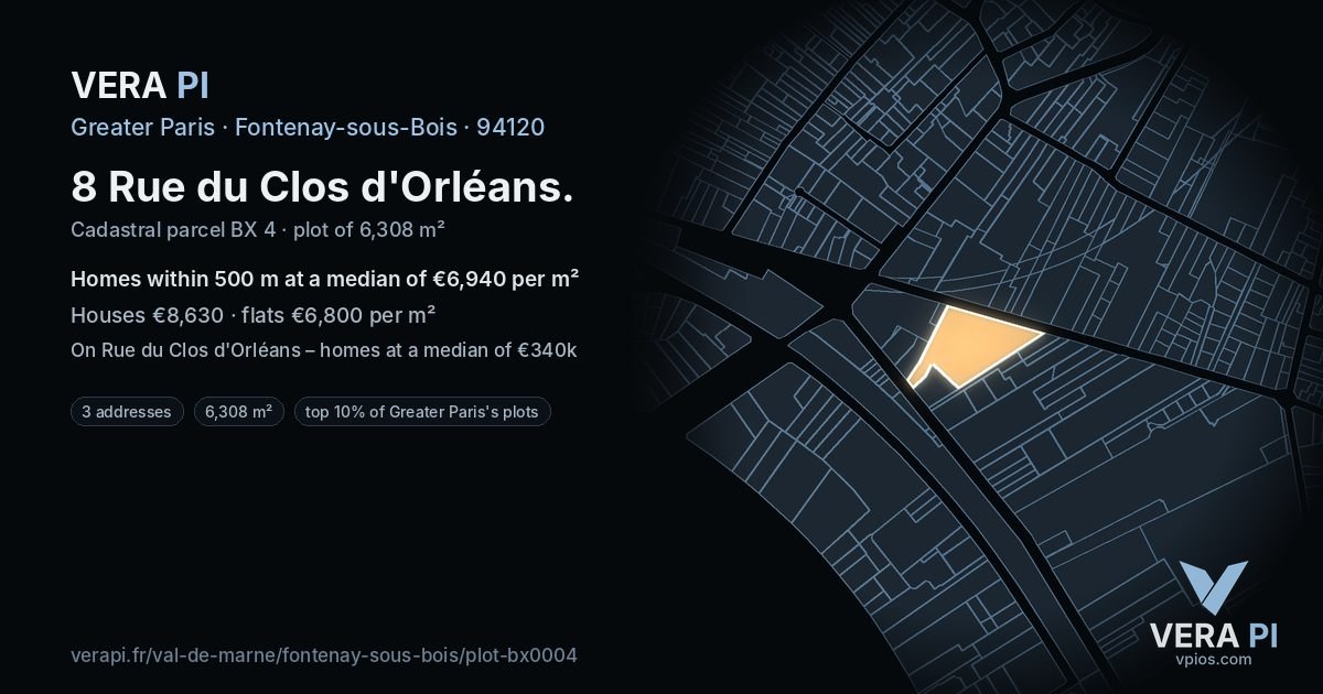 8 Rue du Clos d'Orléans, Fontenay-sous-Bois at night – the plot lit, the parcels around coloured by the prices near them