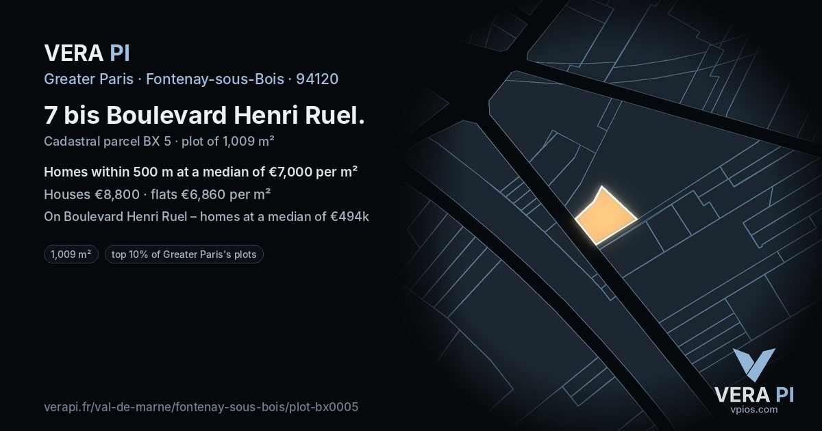 7 bis Boulevard Henri Ruel, Fontenay-sous-Bois at night – the plot lit, the parcels around coloured by the prices near them