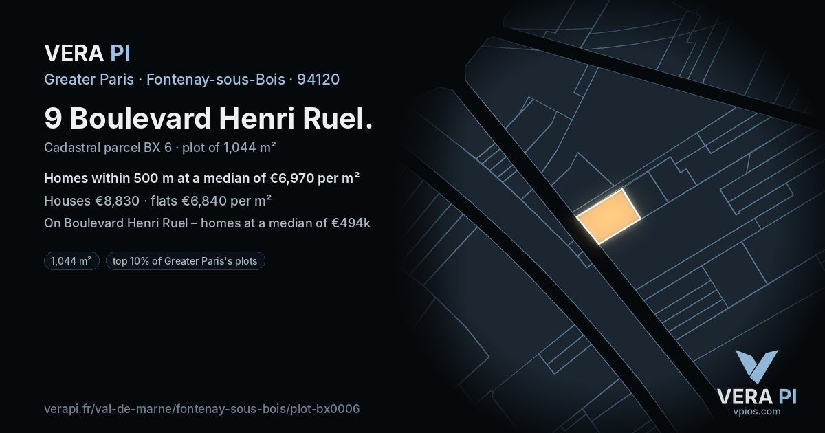 9 Boulevard Henri Ruel, Fontenay-sous-Bois at night – the plot lit, the parcels around coloured by the prices near them