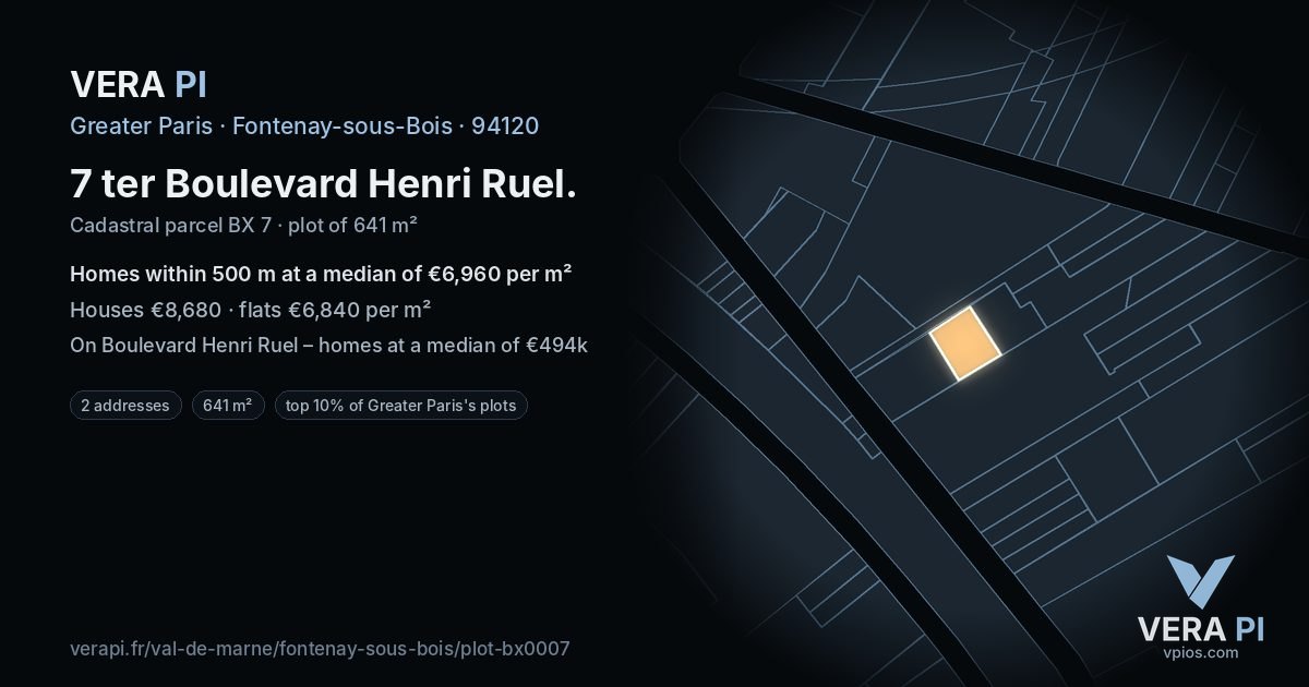 7 ter Boulevard Henri Ruel, Fontenay-sous-Bois at night – the plot lit, the parcels around coloured by the prices near them
