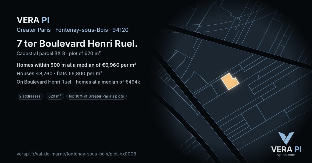 7 ter Boulevard Henri Ruel, Fontenay-sous-Bois at night – the plot lit, the parcels around coloured by the prices near them