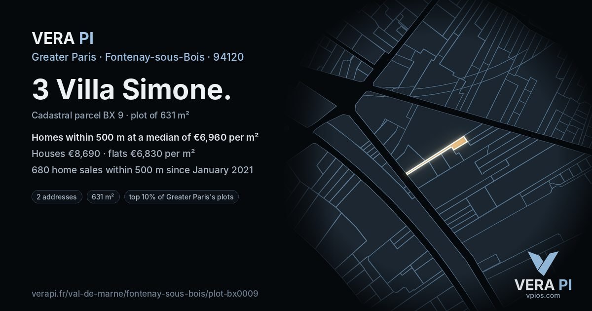 3 Villa Simone, Fontenay-sous-Bois at night – the plot lit, the parcels around coloured by the prices near them