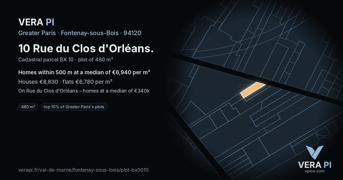 10 Rue du Clos d'Orléans, Fontenay-sous-Bois at night – the plot lit, the parcels around coloured by the prices near them