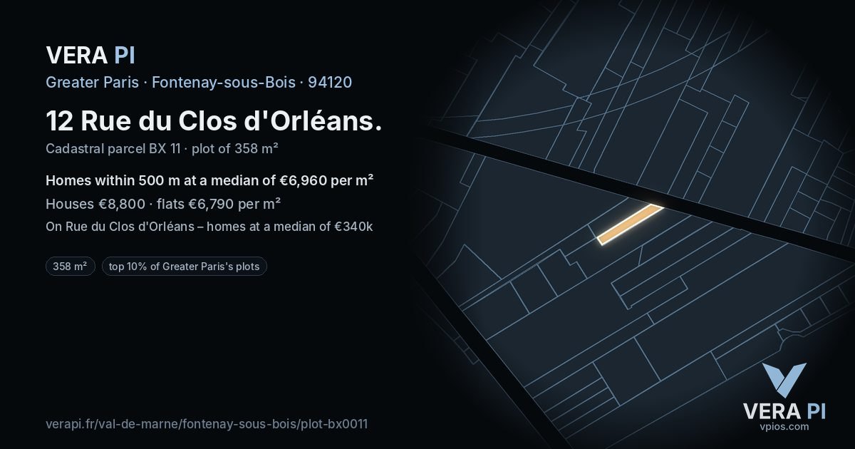 12 Rue du Clos d'Orléans, Fontenay-sous-Bois at night – the plot lit, the parcels around coloured by the prices near them