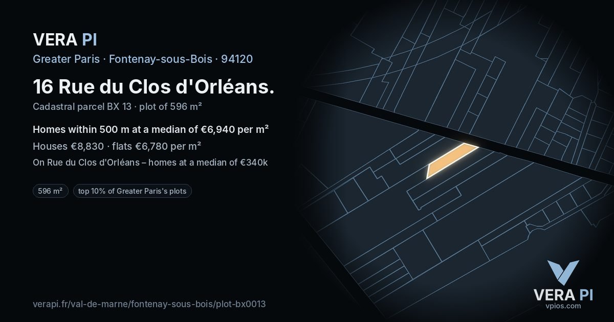 16 Rue du Clos d'Orléans, Fontenay-sous-Bois at night – the plot lit, the parcels around coloured by the prices near them