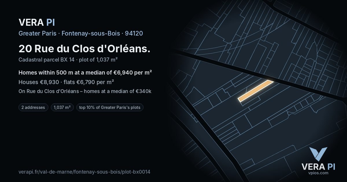20 Rue du Clos d'Orléans, Fontenay-sous-Bois at night – the plot lit, the parcels around coloured by the prices near them
