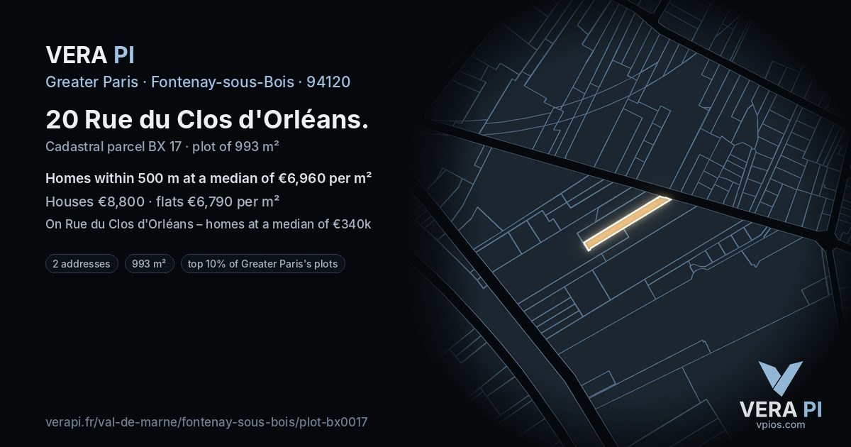 20 Rue du Clos d'Orléans, Fontenay-sous-Bois at night – the plot lit, the parcels around coloured by the prices near them