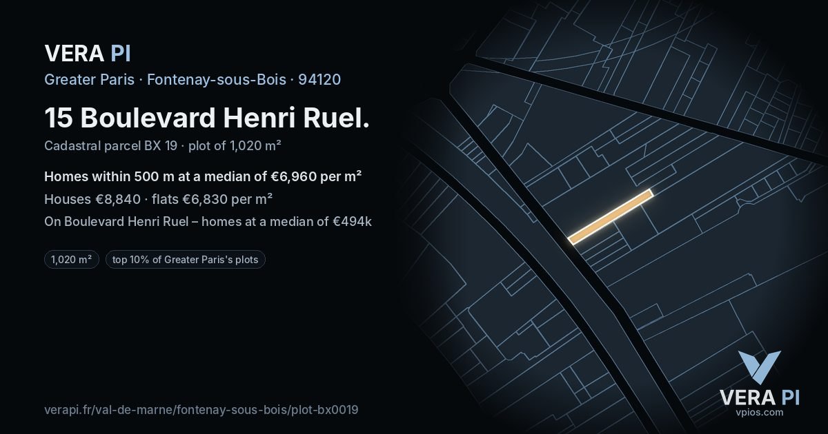 15 Boulevard Henri Ruel, Fontenay-sous-Bois at night – the plot lit, the parcels around coloured by the prices near them