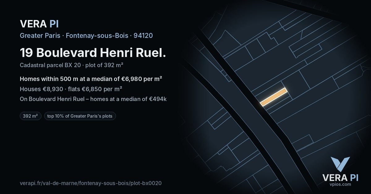 19 Boulevard Henri Ruel, Fontenay-sous-Bois at night – the plot lit, the parcels around coloured by the prices near them