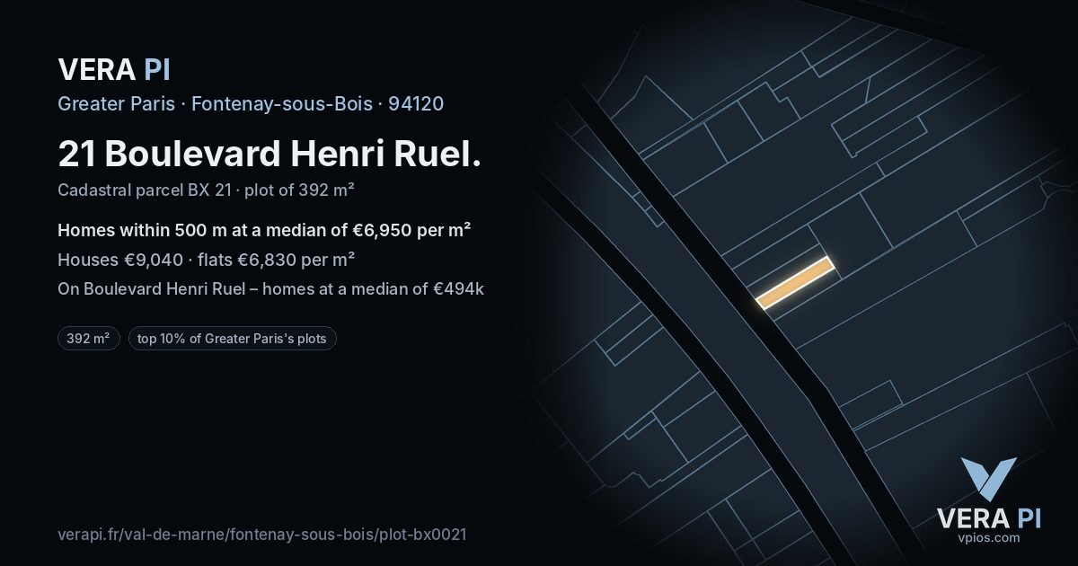 21 Boulevard Henri Ruel, Fontenay-sous-Bois at night – the plot lit, the parcels around coloured by the prices near them