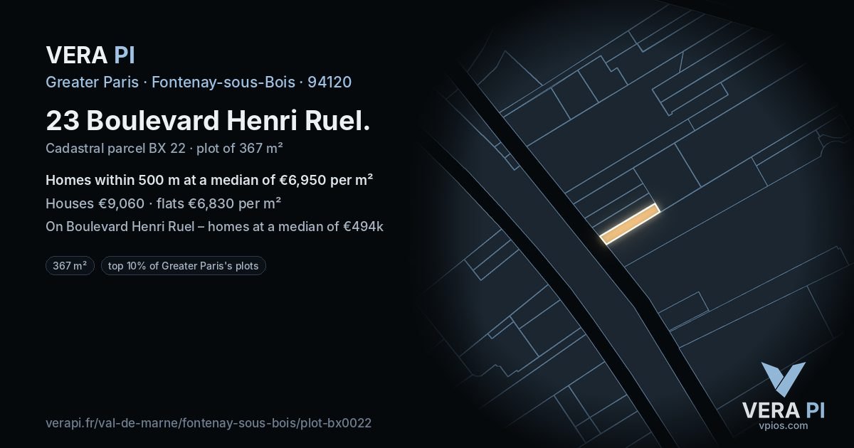 23 Boulevard Henri Ruel, Fontenay-sous-Bois at night – the plot lit, the parcels around coloured by the prices near them