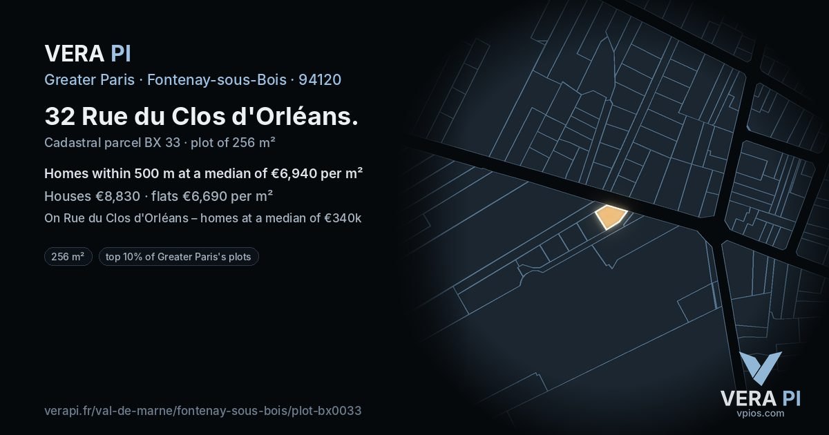 32 Rue du Clos d'Orléans, Fontenay-sous-Bois at night – the plot lit, the parcels around coloured by the prices near them