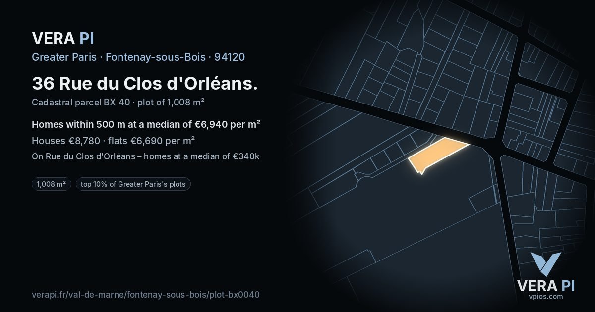 36 Rue du Clos d'Orléans, Fontenay-sous-Bois at night – the plot lit, the parcels around coloured by the prices near them