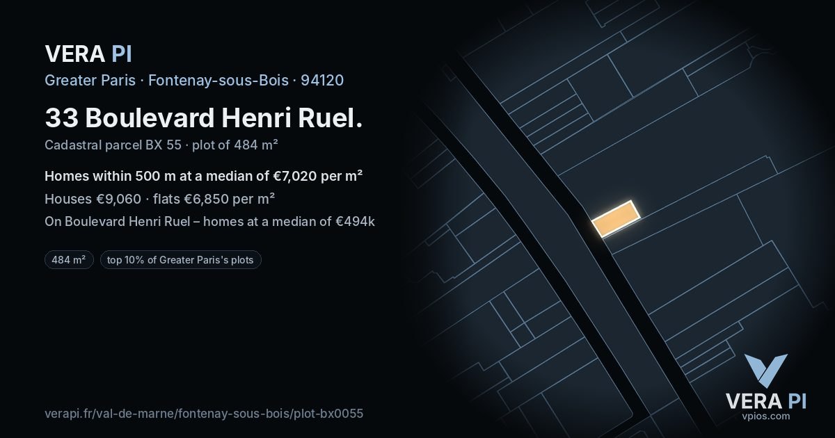 33 Boulevard Henri Ruel, Fontenay-sous-Bois at night – the plot lit, the parcels around coloured by the prices near them