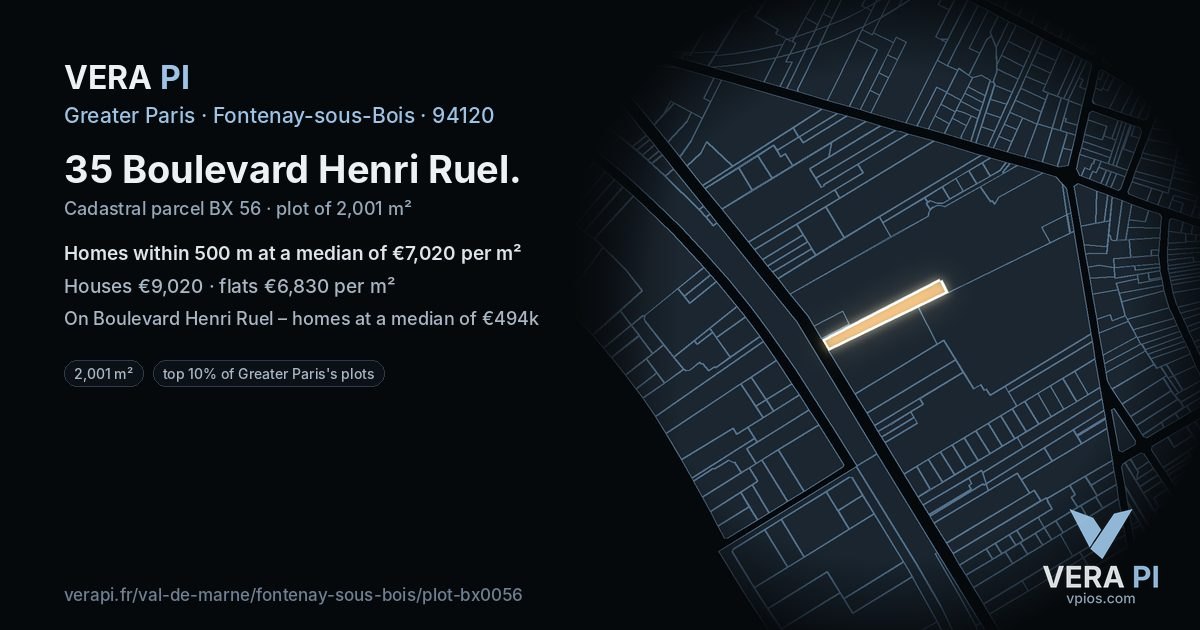 35 Boulevard Henri Ruel, Fontenay-sous-Bois at night – the plot lit, the parcels around coloured by the prices near them