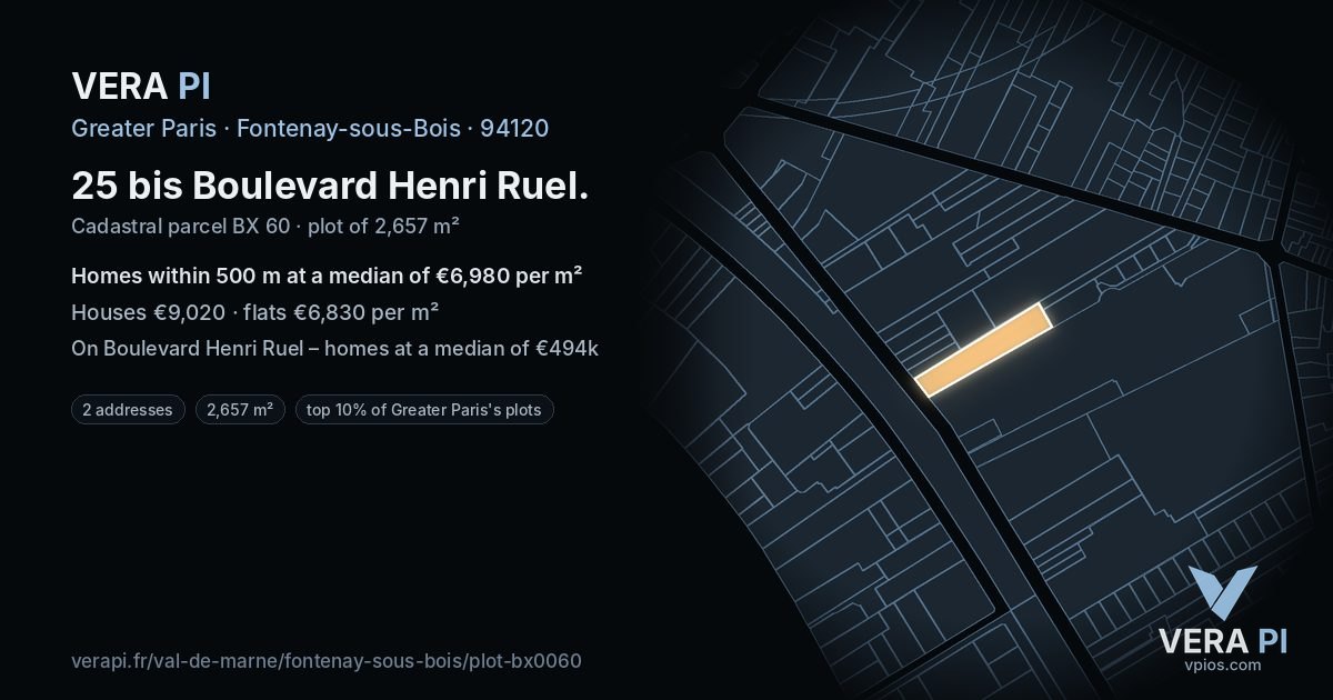 25 bis Boulevard Henri Ruel, Fontenay-sous-Bois at night – the plot lit, the parcels around coloured by the prices near them