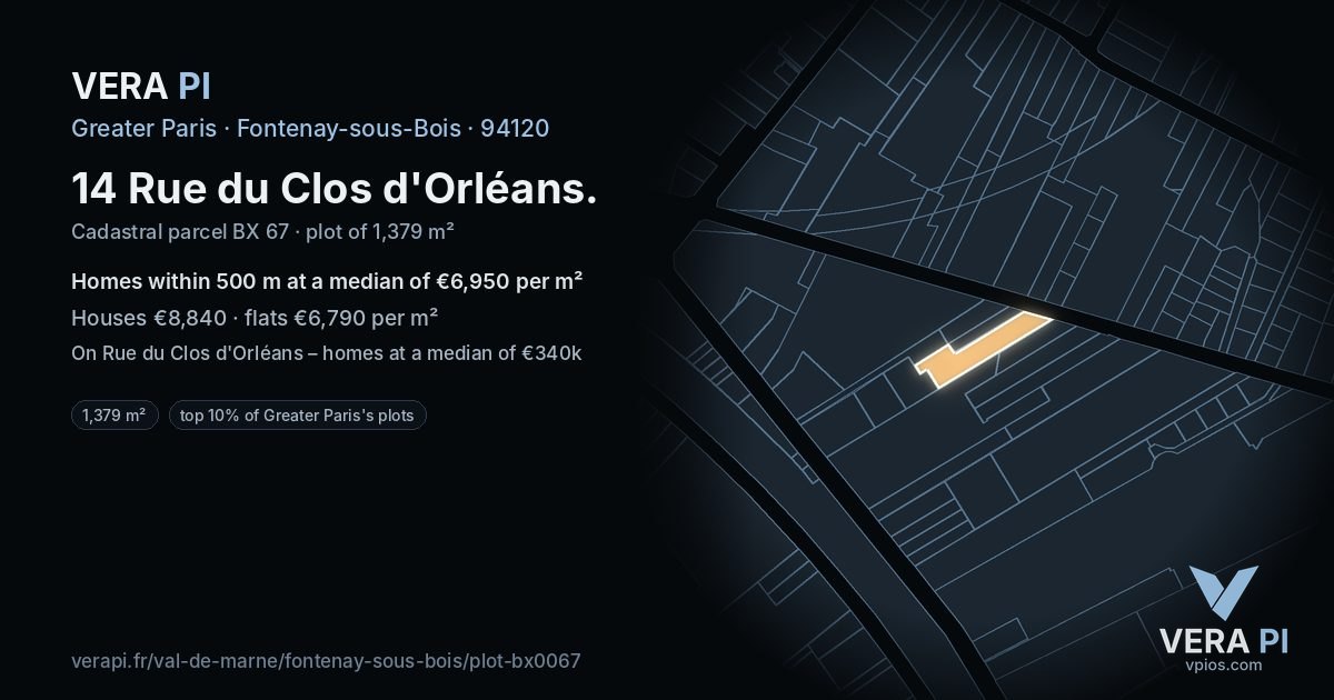 14 Rue du Clos d'Orléans, Fontenay-sous-Bois at night – the plot lit, the parcels around coloured by the prices near them
