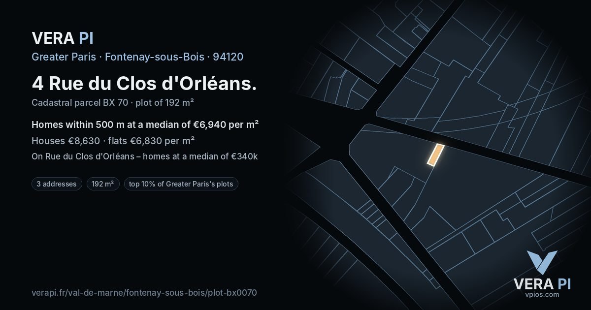 4 Rue du Clos d'Orléans, Fontenay-sous-Bois at night – the plot lit, the parcels around coloured by the prices near them