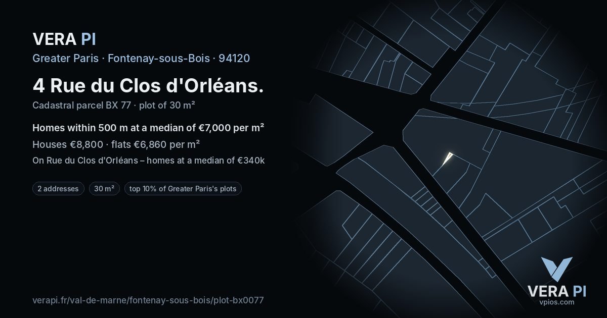 4 Rue du Clos d'Orléans, Fontenay-sous-Bois at night – the plot lit, the parcels around coloured by the prices near them