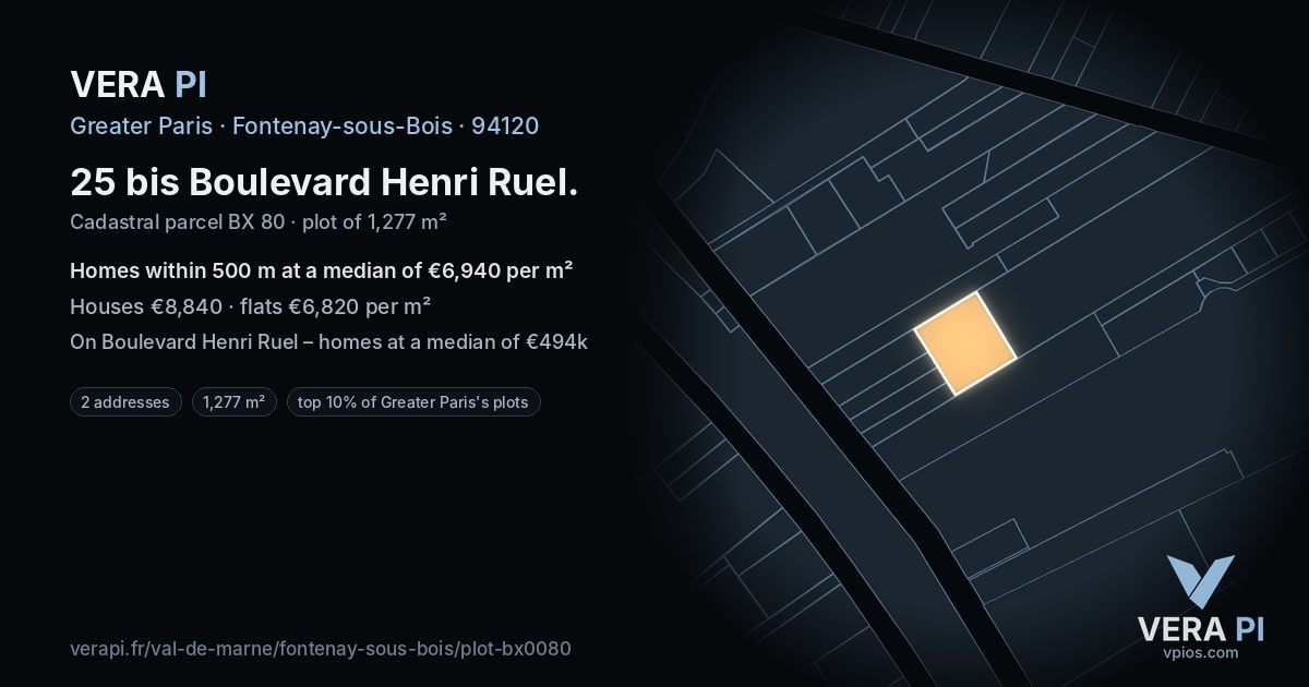 25 bis Boulevard Henri Ruel, Fontenay-sous-Bois at night – the plot lit, the parcels around coloured by the prices near them