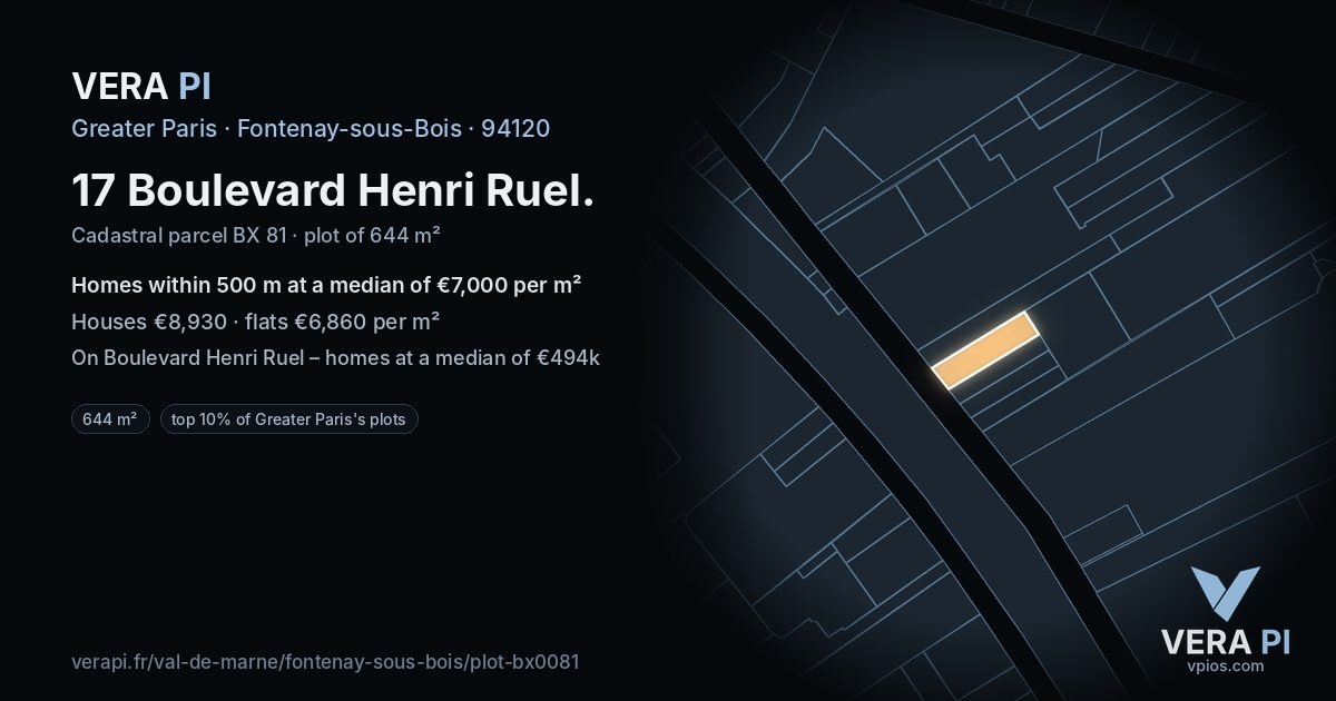 17 Boulevard Henri Ruel, Fontenay-sous-Bois at night – the plot lit, the parcels around coloured by the prices near them