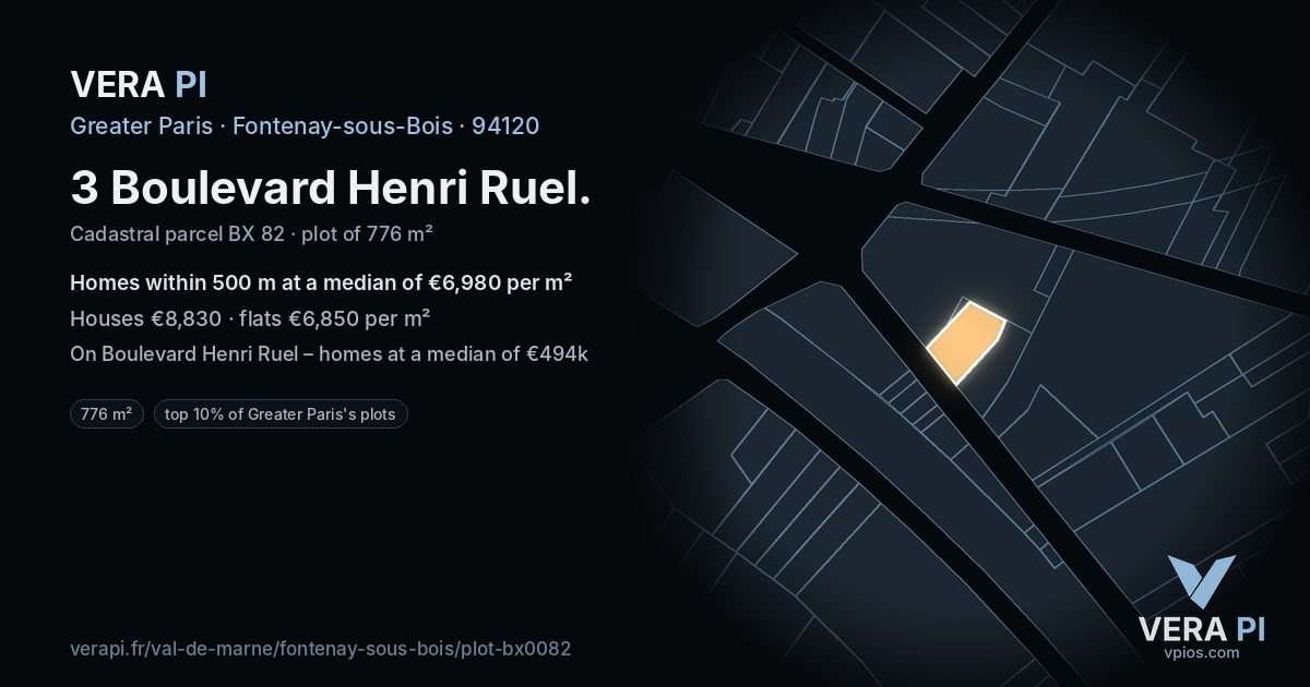 3 Boulevard Henri Ruel, Fontenay-sous-Bois at night – the plot lit, the parcels around coloured by the prices near them