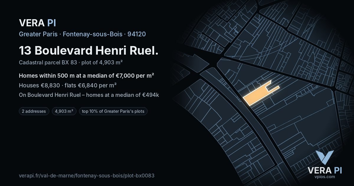 13 Boulevard Henri Ruel, Fontenay-sous-Bois at night – the plot lit, the parcels around coloured by the prices near them