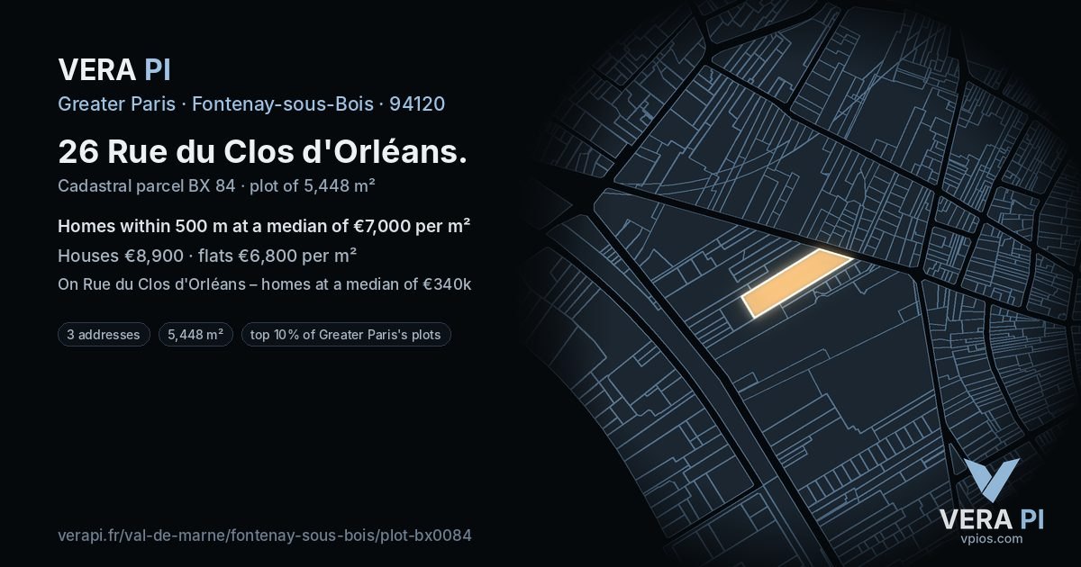 26 Rue du Clos d'Orléans, Fontenay-sous-Bois at night – the plot lit, the parcels around coloured by the prices near them