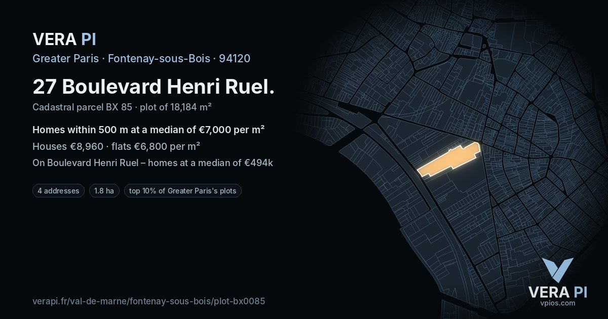 27 Boulevard Henri Ruel, Fontenay-sous-Bois at night – the plot lit, the parcels around coloured by the prices near them
