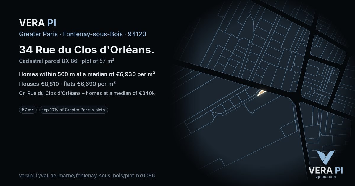 34 Rue du Clos d'Orléans, Fontenay-sous-Bois at night – the plot lit, the parcels around coloured by the prices near them