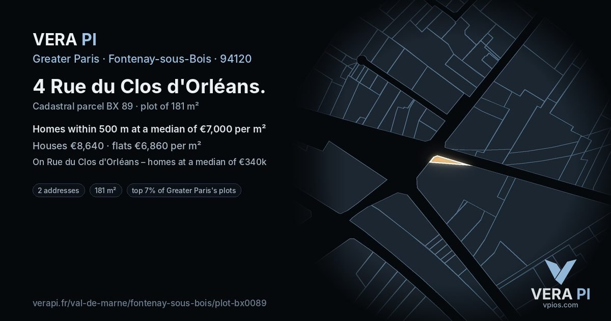 4 Rue du Clos d'Orléans, Fontenay-sous-Bois at night – the plot lit, the parcels around coloured by the prices near them